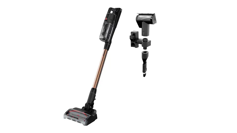 A side-by-side view of a sordless stick vacuum cleaner with a motorised floor brush and detachable handheld tools A side-by-side view of a sordless stick vacuum cleaner with a motorised floor brush and detachable handheld tools