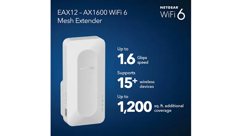 Netgear EAX12 AX1600 WiFi 6 mesh extender, highlighting up to 1.6 Gbps speed, 15+ devices support, and 1,200 sq ft coverage Netgear EAX12 AX1600 WiFi 6 mesh extender, highlighting up to 1.6 Gbps speed, 15+ devices support, and 1,200 sq ft coverage