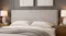 Modern bedroom with upholstered grey headboard, white pillows, wooden nightstands and soft bedside lighting Modern bedroom with upholstered grey headboard, white pillows, wooden nightstands and soft bedside lighting