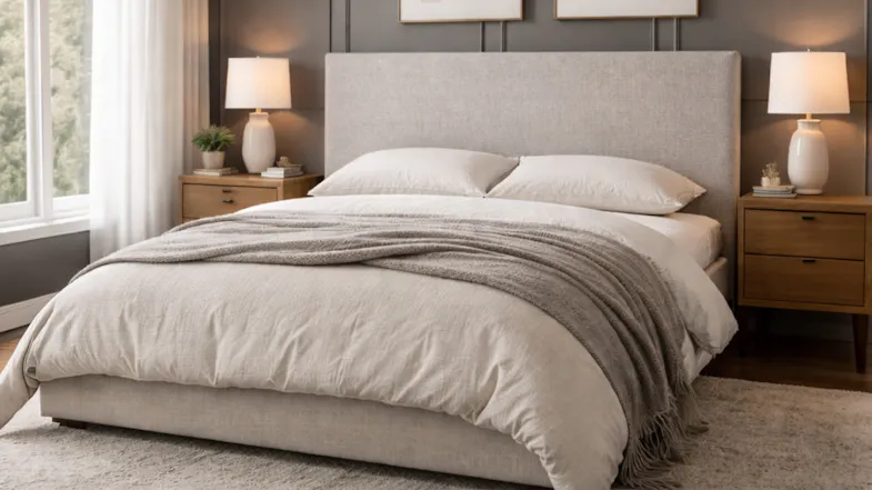 Contemporary bed with upholstered headboard, soft duvet, side tables, and warm ambient lighting Contemporary bed with upholstered headboard, soft duvet, side tables, and warm ambient lighting