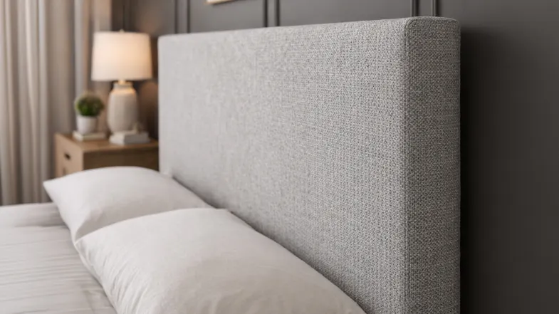 Grey Austin King Upholstered Headboard with white pillows in a modern bedroom Grey Austin King Upholstered Headboard with white pillows in a modern bedroom