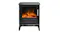 Black freestanding Dimplex Bari 2kW portable electric fireplace with a glass door showing glowing logs and flames inside, on short legs Black freestanding Dimplex Bari 2kW portable electric fireplace with a glass door showing glowing logs and flames inside, on short legs