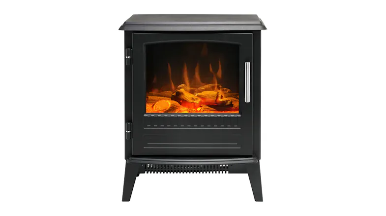 Black freestanding Dimplex Bari 2kW portable electric fireplace with a glass door showing glowing logs and flames inside, on short legs Black freestanding Dimplex Bari 2kW portable electric fireplace with a glass door showing glowing logs and flames inside, on short legs