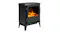 Black Dimplex electric fireplace at an angle, with a visible flame effect behind a glass door and a metal handle Black Dimplex electric fireplace at an angle, with a visible flame effect behind a glass door and a metal handle