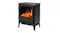 Side angle of a compact black Dimplex electric fireplace with glowing ember logs and a flame display Side angle of a compact black Dimplex electric fireplace with glowing ember logs and a flame display
