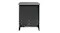 Black metal Dimplex electric fireplace, rear view, showing vent slots, screws, and short legs Black metal Dimplex electric fireplace, rear view, showing vent slots, screws, and short legs