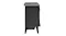 Side view of a black Dimplex electric fireplace with a hinged door, compact body, and four angled legs Side view of a black Dimplex electric fireplace with a hinged door, compact body, and four angled legs