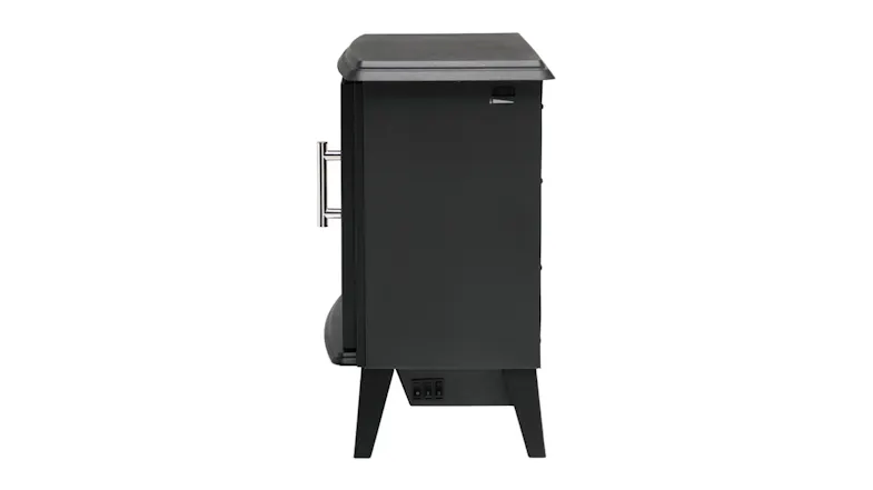 Opposite side view of a black Dimplex electric fireplace with a handle, control switches, and a rear pipe outlet Opposite side view of a black Dimplex electric fireplace with a handle, control switches, and a rear pipe outlet