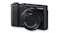 Compact black Panasonic Lumix camera with Leica lens, lens closed Compact black Panasonic Lumix camera with Leica lens, lens closed