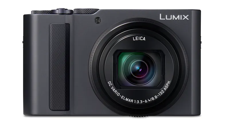 Front view of a black Panasonic Lumix TZ300 premium travel zoom digital compact camera with a Leica lens Front view of a black Panasonic Lumix TZ300 premium travel zoom digital compact camera with a Leica lens
