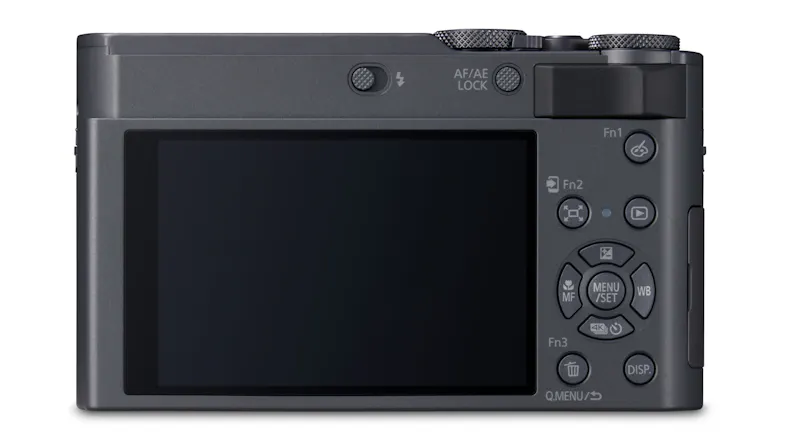 Rear view of a black Panasonic Lumix camera showing the LCD screen, control buttons, and dials Rear view of a black Panasonic Lumix camera showing the LCD screen, control buttons, and dials