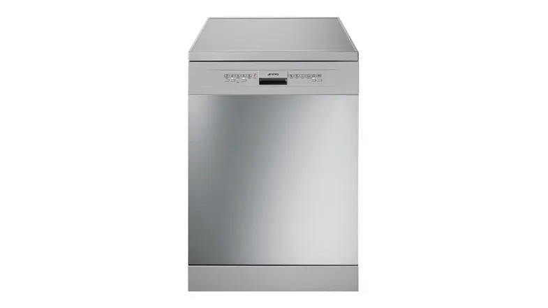 A front view of the Smeg freestanding dishwasher with stainless steel finish and front control panel A front view of the Smeg freestanding dishwasher with stainless steel finish and front control panel