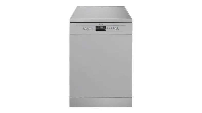 A front view of the Smeg freestanding dishwasher with stainless steel finish and front control panel A front view of the Smeg freestanding dishwasher with stainless steel finish and front control panel