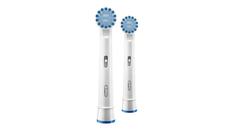 Two white replacement brush heads showcasing the round bristle design Two white replacement brush heads showcasing the round bristle design
