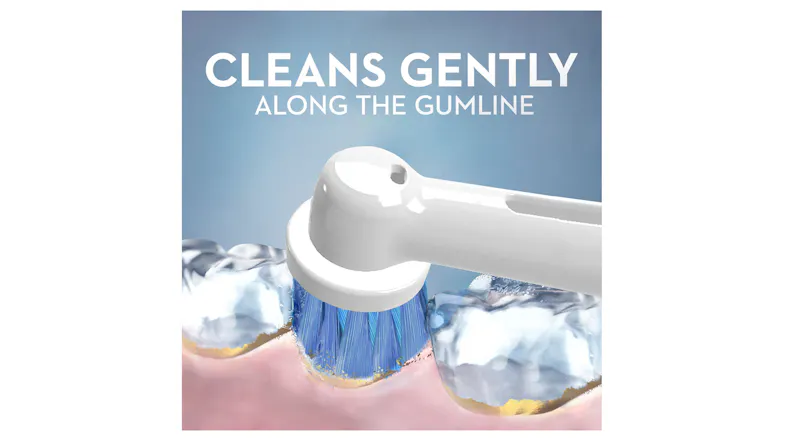 Close-up illustration featuring the bristles cleaning gently along a gumline Close-up illustration featuring the bristles cleaning gently along a gumline