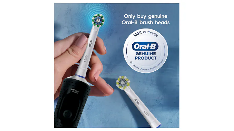 Hand holding a toothbrush with text highlighting genuine brush heads Hand holding a toothbrush with text highlighting genuine brush heads