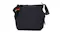 Angled front view of a navy Hedgren crossbody bag showing textured fabric and side drawstrings Angled front view of a navy Hedgren crossbody bag showing textured fabric and side drawstrings