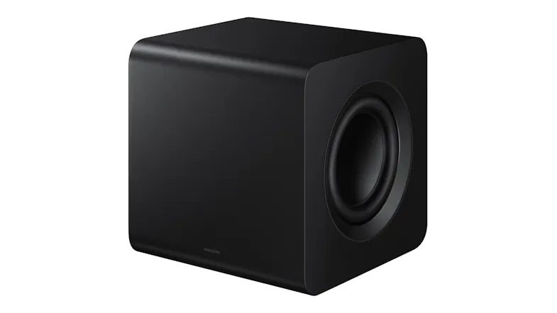 A left-angled view of a black wireless subwoofer with a rounded edge A left-angled view of a black wireless subwoofer with a rounded edge