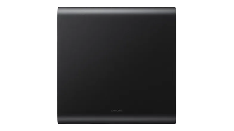 A front view of a black wireless subwoofer showing a smooth matte finish A front view of a black wireless subwoofer showing a smooth matte finish
