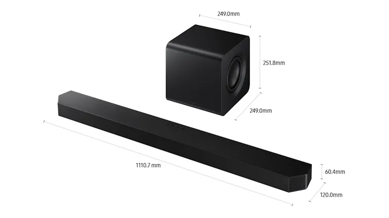 Soundbar and wireless subwoofer with labelled dimensions showing size measurements Soundbar and wireless subwoofer with labelled dimensions showing size measurements