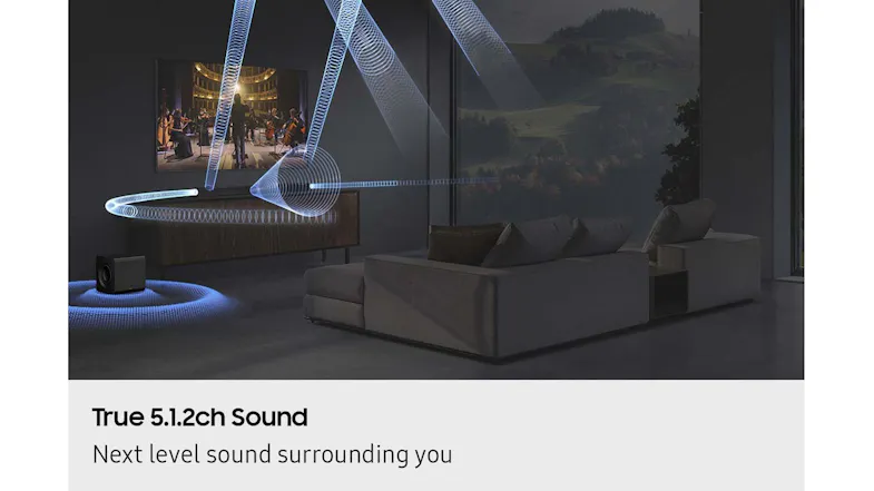 Living room demo of a true 5.1.4 channel surround system with soundbar subwoofer and rear speakers projecting sound waves audio Living room demo of a true 5.1.4 channel surround system with soundbar subwoofer and rear speakers projecting sound waves audio