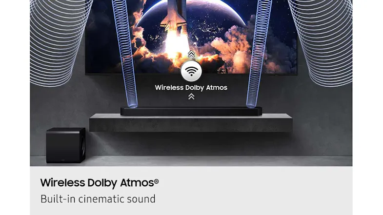 Home theatre showing wireless Dolby Atmos with soundbar subwoofer and rear speakers delivering vertical surround audio sound Home theatre showing wireless Dolby Atmos with soundbar subwoofer and rear speakers delivering vertical surround audio sound