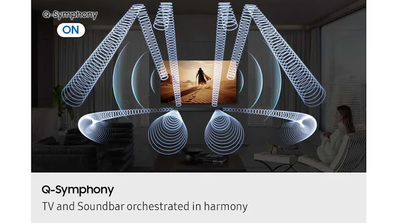 Q Symphony visualisation showing TV and soundbar working together to create layered surround sound throughout the living room audio Q Symphony visualisation showing TV and soundbar working together to create layered surround sound throughout the living room audio