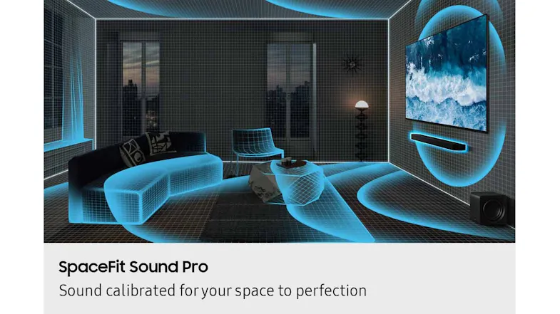 Living room visual showing calibrated surround sound waves with a wall‑mounted TV, soundbar, and subwoofer using SpaceFit Sound Pro Living room visual showing calibrated surround sound waves with a wall‑mounted TV, soundbar, and subwoofer using SpaceFit Sound Pro