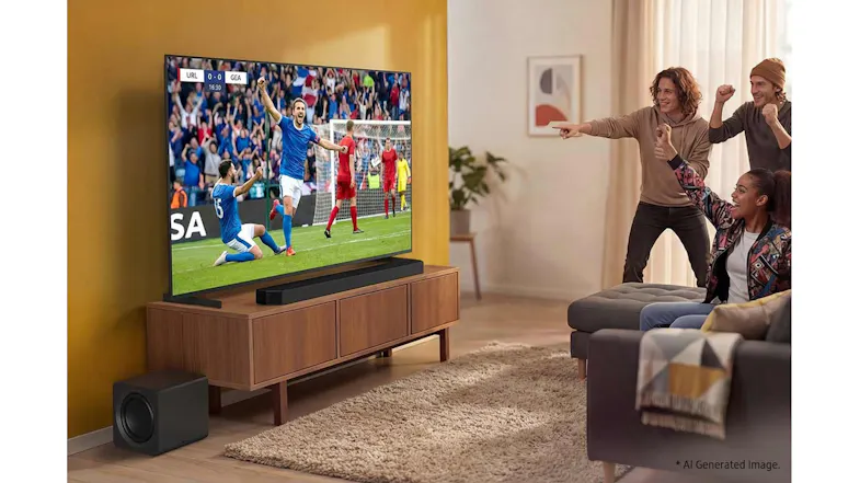 People watching a soccer match on a wall‑mounted TV with a soundbar and subwoofer in a bright living room surround setup People watching a soccer match on a wall‑mounted TV with a soundbar and subwoofer in a bright living room surround setup