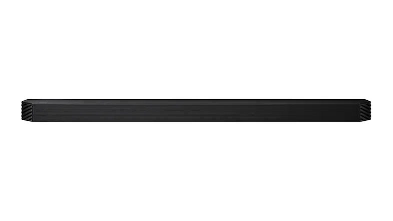 A front view of a sleek black soundbar showing a perforated grille and a slim profile A front view of a sleek black soundbar showing a perforated grille and a slim profile