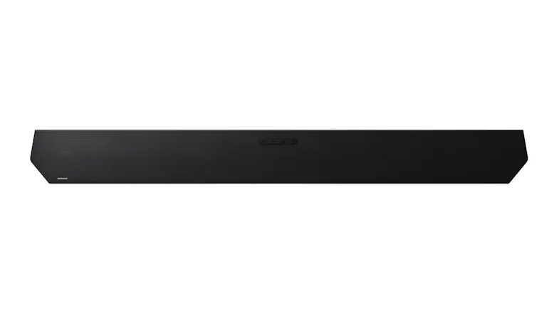 Top view of black soundbar featuring subtle texture and built-in control buttons positioned neatly on the upper surface Top view of black soundbar featuring subtle texture and built-in control buttons positioned neatly on the upper surface
