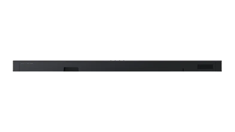 A rear view of a black soundbar, highlighting the HDMI ports, power connection and wall mounting points arranged along the back panel A rear view of a black soundbar, highlighting the HDMI ports, power connection and wall mounting points arranged along the back panel