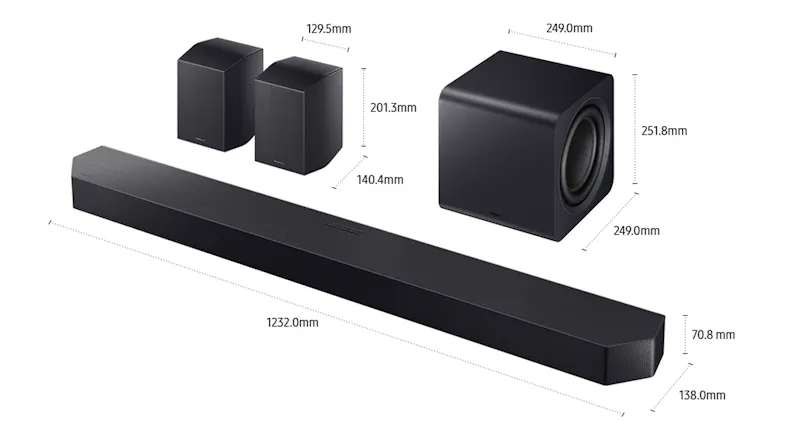 Living room visual showing SpaceFit Sound Pro calibration with soundbar TV and subwoofer, adapting audio to the room layout system Living room visual showing SpaceFit Sound Pro calibration with soundbar TV and subwoofer, adapting audio to the room layout system