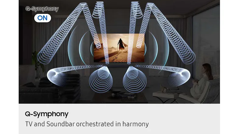 Q Symphony visualisation showing TV and soundbar working together to create layered surround sound throughout the living room audio Q Symphony visualisation showing TV and soundbar working together to create layered surround sound throughout the living room audio