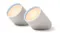Top view of two Lexon Ray small lights standing upright, showcasing ribbed red finish and cylindrical shape Top view of two Lexon Ray small lights standing upright, showcasing ribbed red finish and cylindrical shape