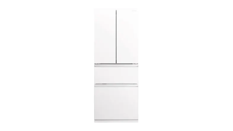 Front view of a modern white Mitsubishi Electric LX Slim Series 442L multi-drawer fridge freezer with double top doors and two bottom freezer drawers Front view of a modern white Mitsubishi Electric LX Slim Series 442L multi-drawer fridge freezer with double top doors and two bottom freezer drawers