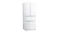 Front view of a modern white Mitsubishi refrigerator with double top doors and two bottom freezer drawers Front view of a modern white Mitsubishi refrigerator with double top doors and two bottom freezer drawers