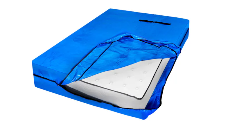 Blue Dreamz PE tarpaulin mattress storage bag, partially unzipped, revealing a white mattress inside Blue Dreamz PE tarpaulin mattress storage bag, partially unzipped, revealing a white mattress inside