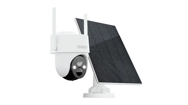 Uniden outdoor wireless security camera with dual antennas mounted beside a solar panel, featuring a PTZ lens and night vision LEDs Uniden outdoor wireless security camera with dual antennas mounted beside a solar panel, featuring a PTZ lens and night vision LEDs