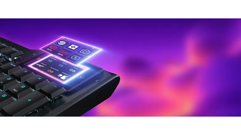 Close-up view of the RGB gaming keyboard with built-in touch display showing app controls and system stats Close-up view of the RGB gaming keyboard with built-in touch display showing app controls and system stats