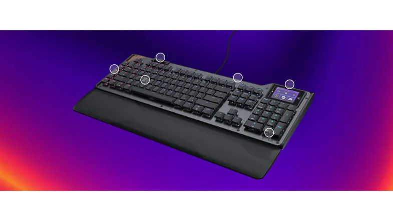 A full-size RGB wired keyboard with RGB lighting, smart screen, and marked key features on a purple background A full-size RGB wired keyboard with RGB lighting, smart screen, and marked key features on a purple background
