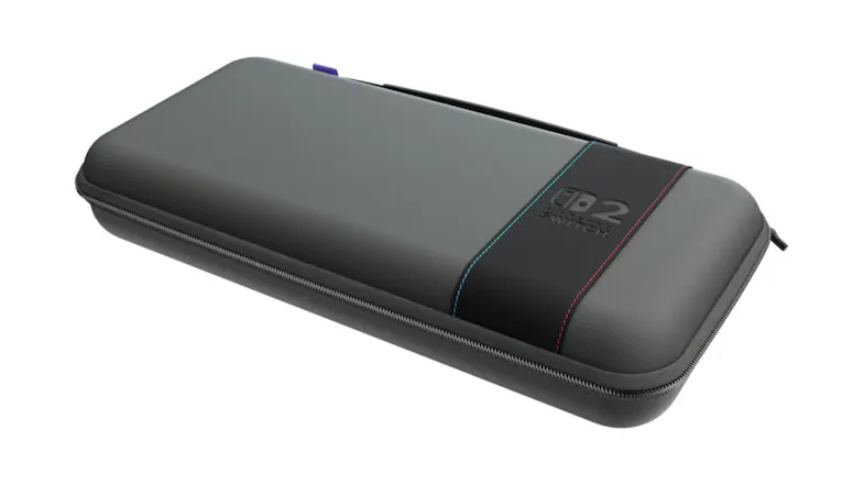 Nintendo Switch travel case with zipper and black strap with red and blue stitching Nintendo Switch travel case with zipper and black strap with red and blue stitching