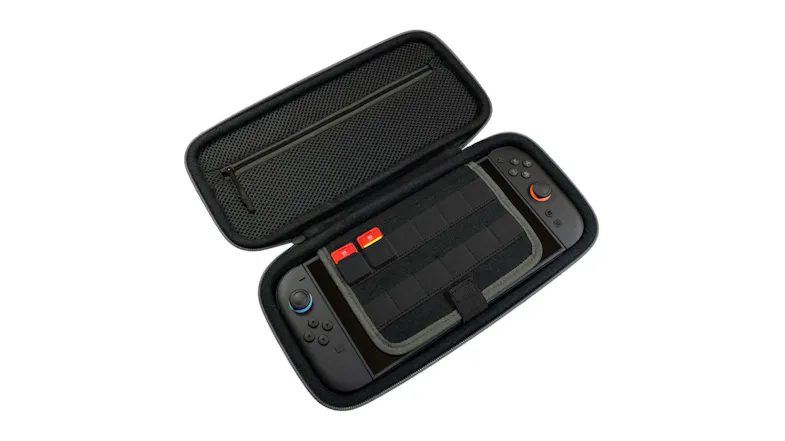 Open Playtek travel case for Switch 2, showing console, game card slots, and soft interior lining Open Playtek travel case for Switch 2, showing console, game card slots, and soft interior lining