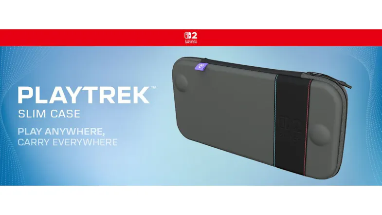 PlayTrek slim case with hard shell and “Play Anywhere, Carry Everywhere” text PlayTrek slim case with hard shell and “Play Anywhere, Carry Everywhere” text