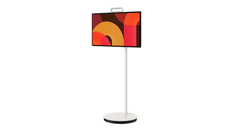 Samsung Smart Monitor on a white adjustable stand, front view, displaying colourful abstract circular artwork on screen Samsung Smart Monitor on a white adjustable stand, front view, displaying colourful abstract circular artwork on screen