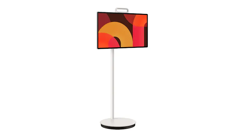 Angled front view of the Samsung Smart Monitor, highlighting the thin frame and modern stand with colourful on‑screen graphics Angled front view of the Samsung Smart Monitor, highlighting the thin frame and modern stand with colourful on‑screen graphics