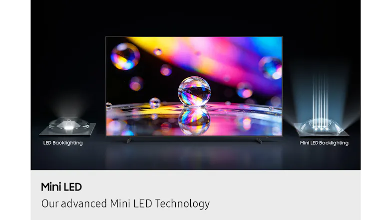 Samsung 50 Mini LED TV displaying colourful bubbles, comparing standard LED and Mini LED backlighting Samsung 50 Mini LED TV displaying colourful bubbles, comparing standard LED and Mini LED backlighting