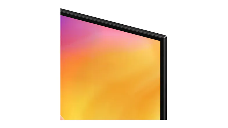 Close-up of a TV corner showing a slim bezel and vibrant gradient screen detail Close-up of a TV corner showing a slim bezel and vibrant gradient screen detail