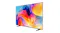 Angled view of a Samsung TV displaying a colourful abstract image on a slim screen with a minimalist stand Angled view of a Samsung TV displaying a colourful abstract image on a slim screen with a minimalist stand
