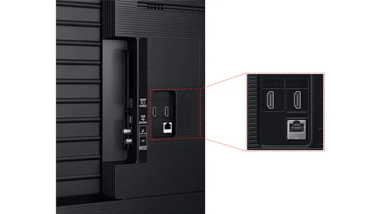 Rear view of a TV showing HDMI, USB, and LAN ports, with a zoomed-in inset highlighting the connections Rear view of a TV showing HDMI, USB, and LAN ports, with a zoomed-in inset highlighting the connections
